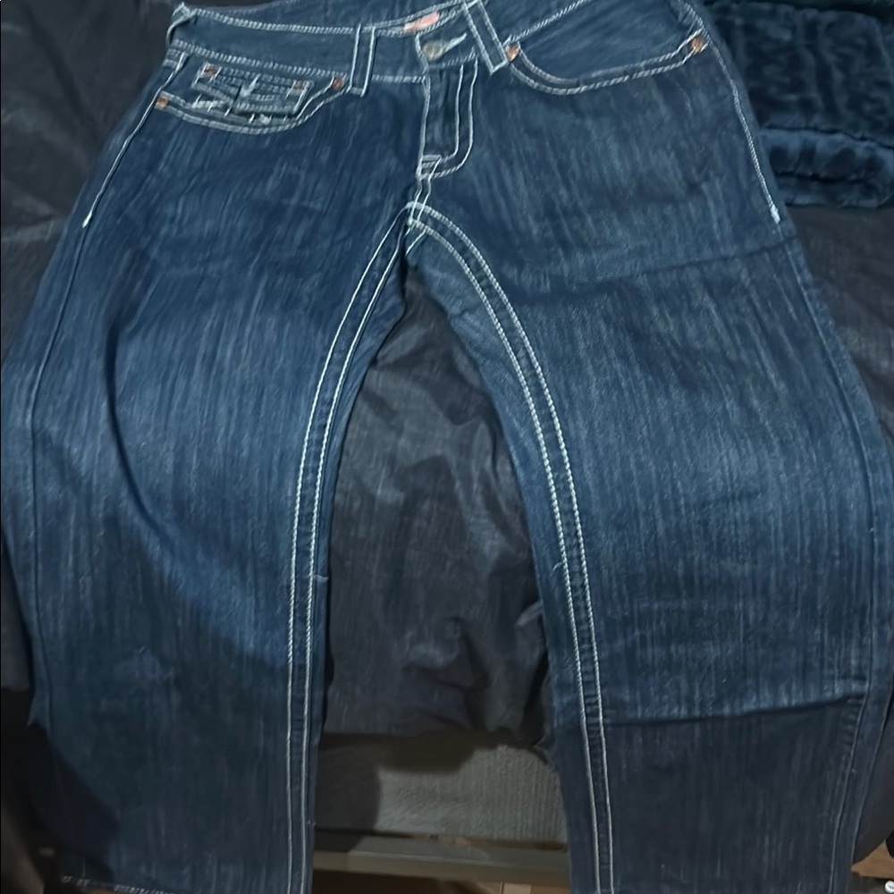 True Religion Blue Straight Leg Pants with Contrast Stitching